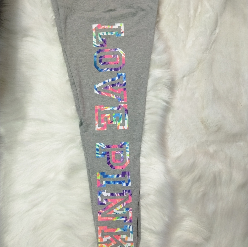 Victoria Secret Love Pink Gray Leggings with Tie-dye Design